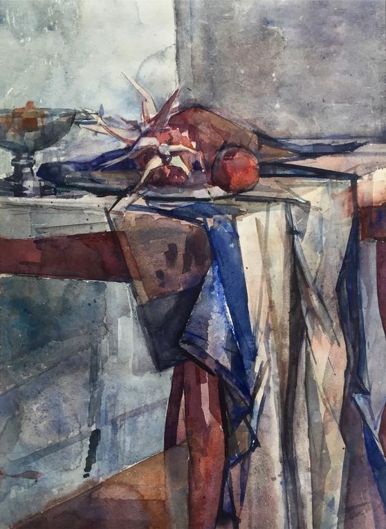 Stilleven met doeken en fruit